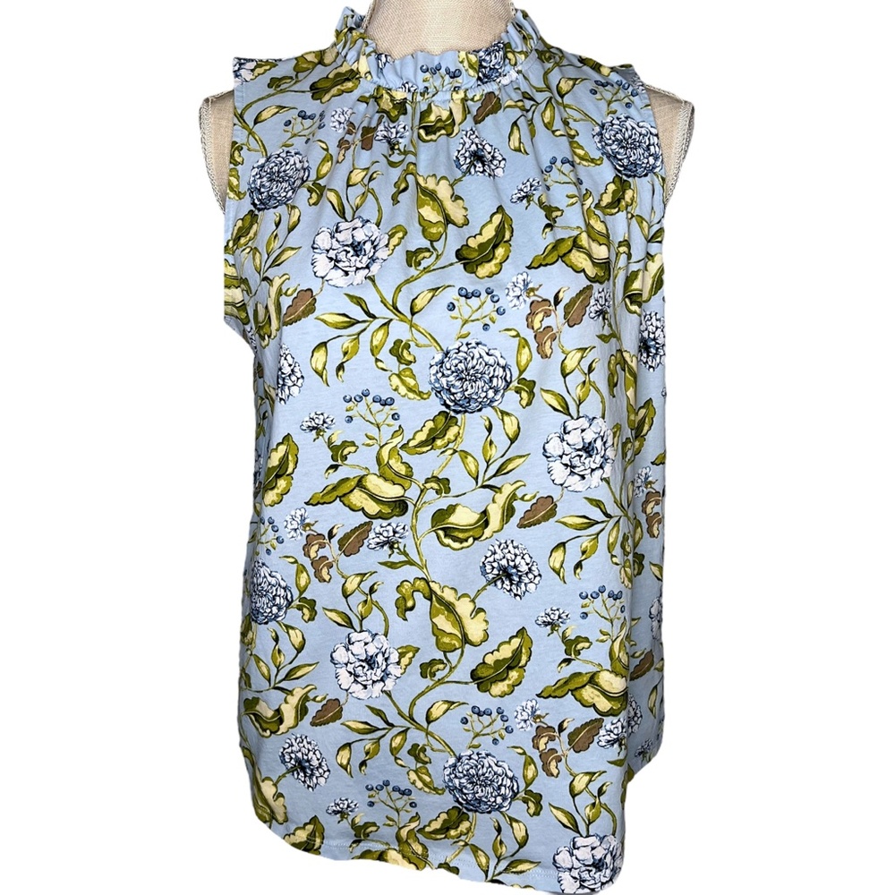 ANN TAYLOR FACTORY Blue Floral Ruffle Sleeveless Blouse